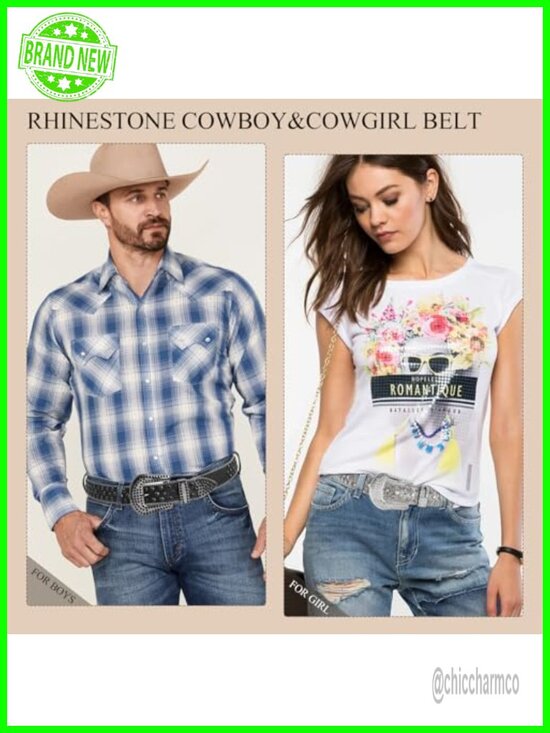 Rhinestone Bling Studded Waist Belt with Buckle, Unisex Cowgirl Cowboy Belt
